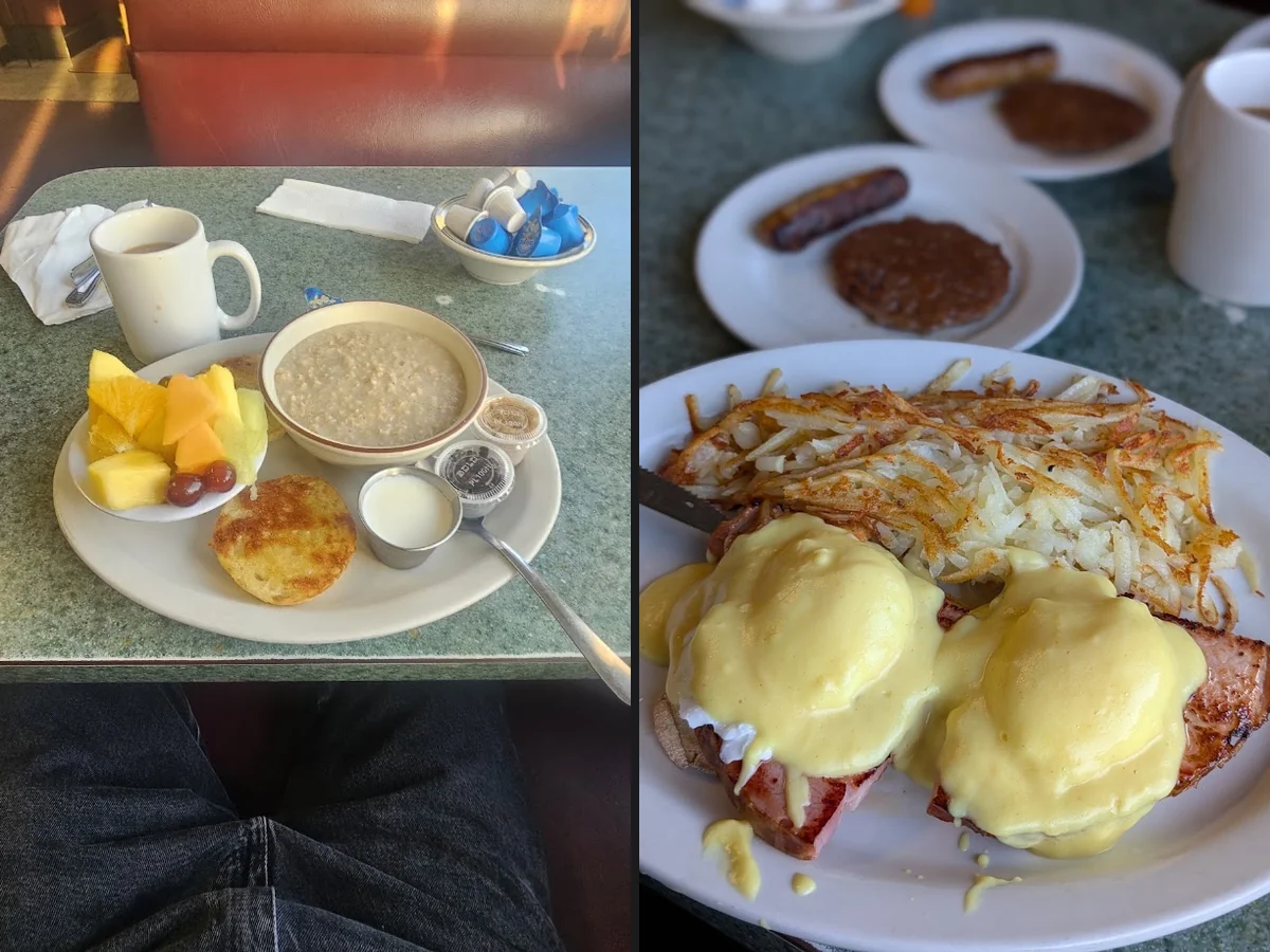 Counter seating and booths in a breakfast restaurant.
